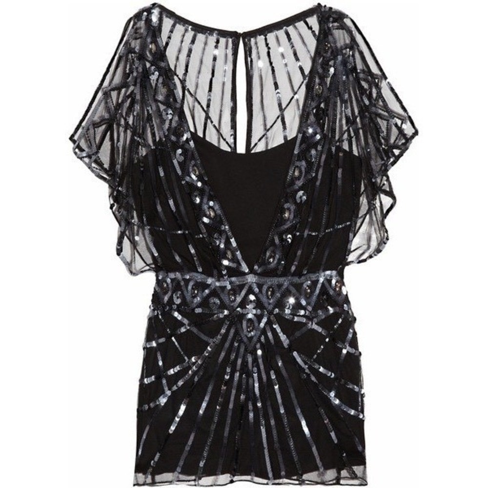 Temperley London Black Sequin Embellished Flutter Sleeve V Neck Top UK14 US10